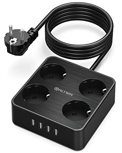 Regleta Enchufes USB, ONLWIN Regleta de 4 Tomas Corrientes y 4 Rápida USB Tomas, 2500W/10A Enchufe Multiple con Protección contra Sobrecarga y Interruptor para Hogar Cocina Oficina, Cable de 2M, Negro