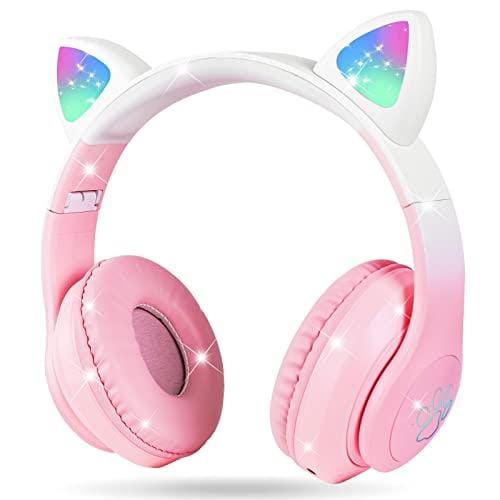 BUENA OFERTA 33% DESCUENTO AXFEE Auriculares Inalámbricos para Niños, Auriculares con Orejas de Gato con Luz Led, Auriculares Plegables para Niños con Micrófono, para Móvil/Tableta Regalo de Cumpleaños/Navidad(Rosa Degradado)