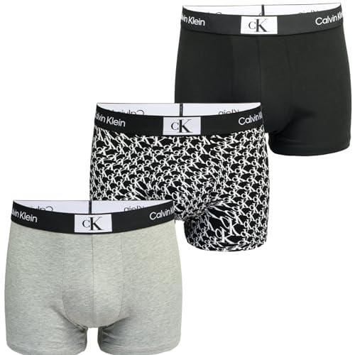 31% DESCUENTO Calvin Klein Hombre Pack de 3 Bóxers Trunks Algodón con Stretch, Blk, Grey Hthr, Warped Logo Prt_Blk, M