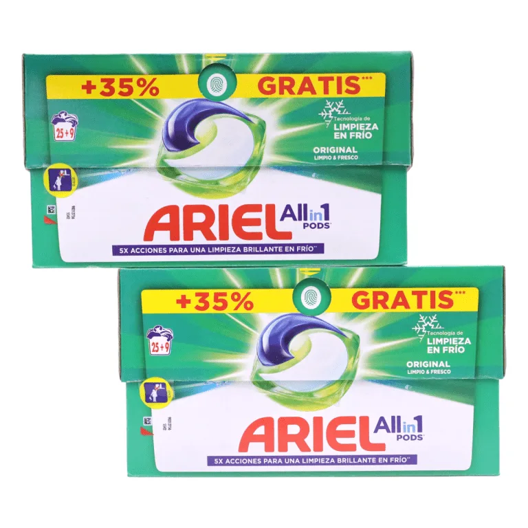 ARIEL All-in-1 Pack de 2 cajas de Detergente 25+9 Pods (68 lavados en total) | Miravia