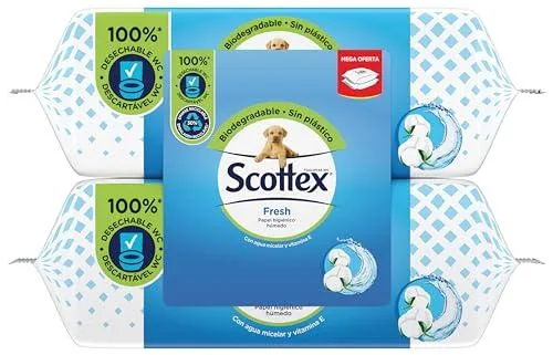 Scottex Papel Higiénico Húmedo Fresh con Agua Micelar y Vitamina E, pack x 2, 148 toallitas húmedas desechables por el WC