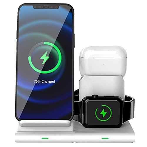 Hoidokly Cargador Inalámbrico, 3 en 1 Soporte de Carga para iPhone y iWatch, Base de Carga Rápida para iWatch 6/5/4/3/2, AirPods Pro, iPhone 13/12/11 Pro/XS MAX/XR(No Cable de Carga del iWatch)