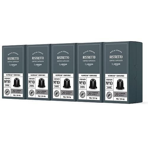 by Amazon Cápsulas de café Ristretto, tueste medio, compatibles con Nespresso, 100 unidades, 5 paquetes de 20, certificado Rainforest Alliance