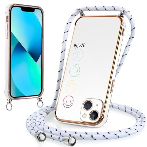 Buoluoioir Funda con Apple iPhone 14 6,1″ Cuerda, TPU Suave Silicona Anti Choque Anti Arañazos Case con Colgante Movil Ajustable Cordón para iPhone 14, Carcasa con Diseño de Borde Dorado Sonrisa