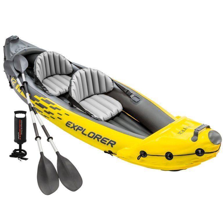INTEX – Kayak hinchable para 2 personas, máx. 180 kg, con remos e hinchador, asiento, respaldo y suelo hinchables, cuerda de sujeción, asas en los extremos, con bolsa transporte, fácil de almacenar y transportar, kayaks hinchables dobles | Miravia