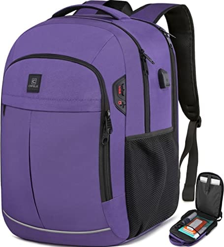 Mochila de computadora portátil de viaje de 17,3 pulgadas, bolsa de viaje de negocios amigable e impermeable tsa, mochila portátil de bolsillo múltiple con Puerto usb, mochila universitaria, morada