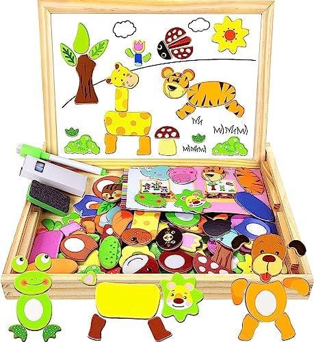 COOLJOY Puzzles de Madera, 100 Piezas Magnético Puzzles Rompecabezas de Madera Juguete Educativo con Pizarra para NIños de 3 4 5 Años Niños Niña