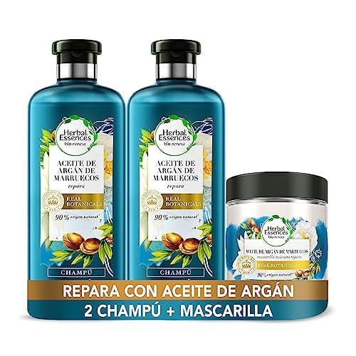 42% DESCUENTO Herbal Essences x2 Champú y Mascarilla Pelo, Con Aceite De Argán Para Pelo, Reparación Pelo Seco y Dañado, 2 x 400 ml + 250 ml