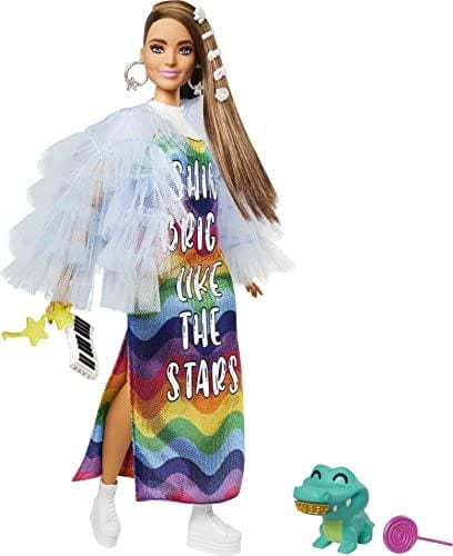 60% DESCUENTO Barbie Extra Muñeca Morena articulada con Vestido Arcoiris, Accesorios de Moda y Mascota (Mattel GYJ78)