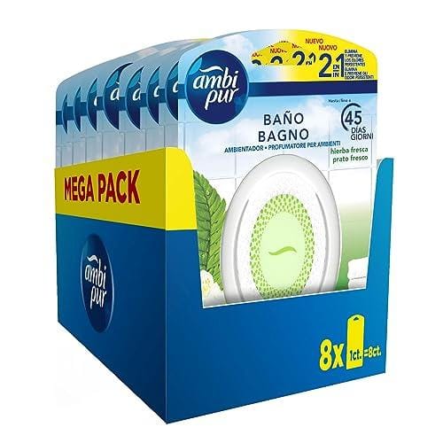 64% DESCUENTO Ambipur Ambientador Casa para Baño (8 x 45 días), Elimina y Previene los Malos Olores, Fragancia Hierba Fresca, Mega Pack