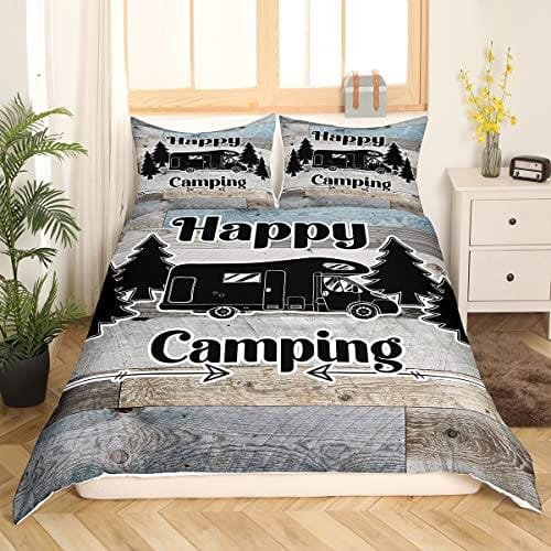 Happy,Juego de funda nórdica rústica de 155×220 cm para niños, niños, adolescentes, funda de edredón estilo rústico, ropa de cama de camper, funda nórdica con decoración de puerta de granero