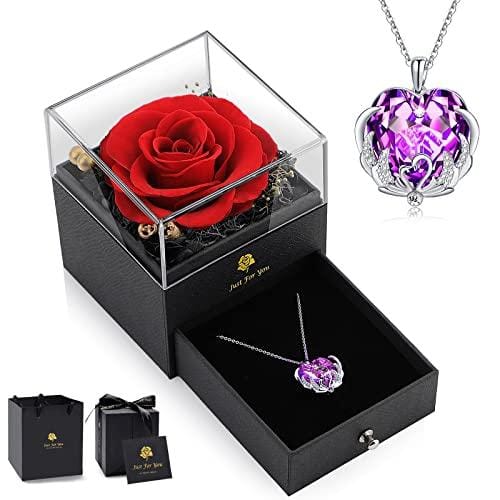 LEITON Rosa eterna con collar de cristal, caja de rosas de infinito, juego de regalo de rosa real para mujeres, rosa conservada para el día de San Valentín, día de la madre, boda, aniversario,