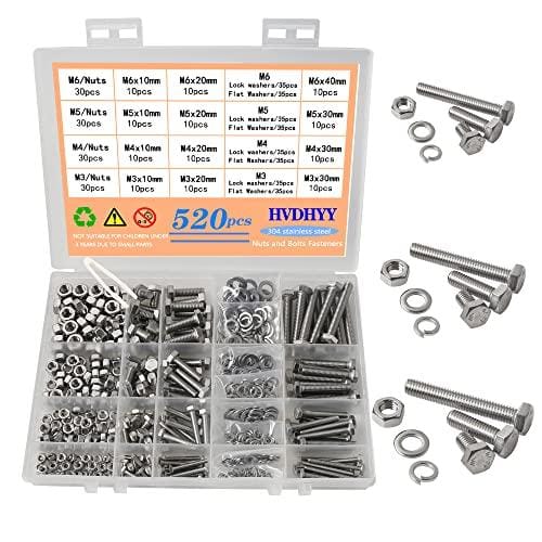 OFERTÓN SUPREMO 75% DESCUENTO HVDHYY Juego de tornillos y tuercas M3, M4, M5, M6, tornillos hexagonales DIN 933, A2 70, acero inoxidable, arandelas, ranuras y pernos, 16 tamaños, con caja de almacenamiento, 520 unidades