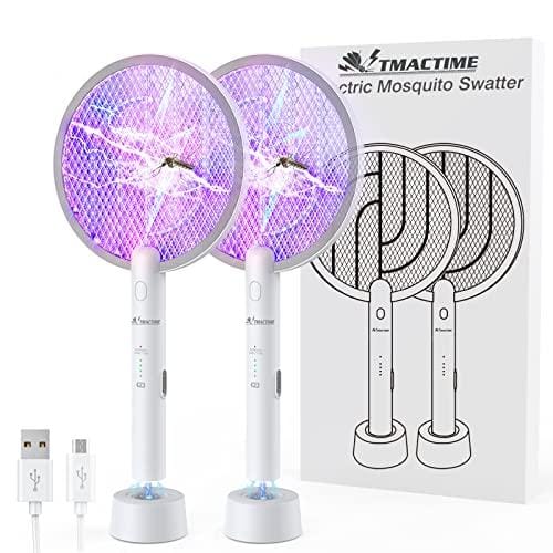 TMACTIME 2PCS Raqueta Matamoscas Electrica 2 en 1 Mata Moscas Electrónico 4000V Luz LED Recargable por USB con Batería, Apto para el Hogar, Dormitorio, Ccocina, Balcón