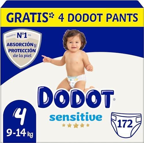 Dodot Pañales Bebé Sensitive Talla 4 (9 14kg), 172 Pañales + 4 Pants Gratis, Óptima Protección de la Piel de Dodot, Pack Mensual