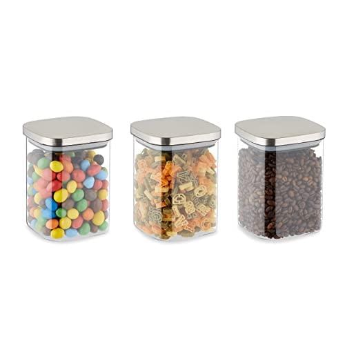 DESCUENTAZO 50% DESCUENTO Relaxdays Botes Cristal con Tapa, Set de 3, 900 ml, Recipientes Cuadrados, Tarros Herméticos, Transparente/Plateado, 70% Vidrio 20% Acero Inoxidable 10% Silicona, 13.5 x 10.5 x 10.5 cm
