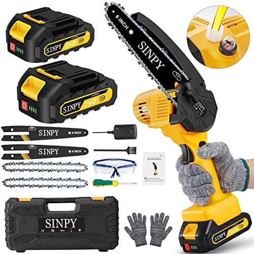 DESCUENTAZO 60% DESCUENTO SINPY Mini Motosierra Bateria 6000 mAh Motosierra Bateria de 6 Pulgadas, con Bloqueo de Seguridad, Cadena de Acero al Manganeso de Mano y Engrasador Automático, Mini Sierra Electrica Bateria