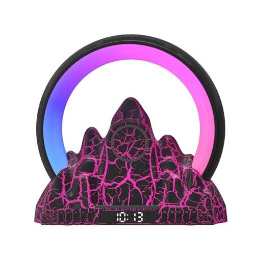 Lámpara de ambiente inteligente, control de aplicación, reloj despertador de montaña y amanecer con 256 efectos de luz dinámicos, cargador inalámbrico de 15 W, radio FM, luz nocturna LED, altavoz