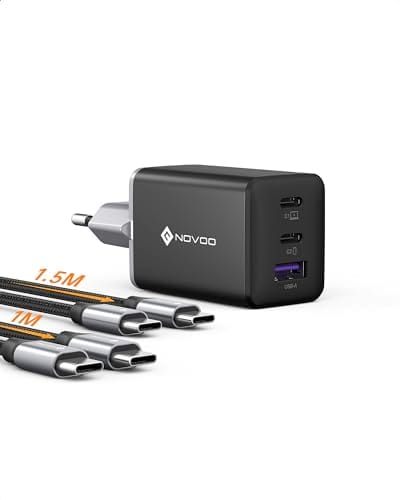 21% DESCUENTO NOVOO Cargador USB C de 67W con 2 Cables PD 100W Tipo C, Cargador de Pared Compacto y rápido de 3 Puertos GAN III, para MacBook Pro de 14 Pulgadas, DELL XPS 13, iPad Pro, iPhone 15, Galaxy S24 Ultra