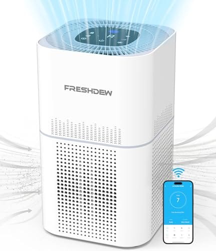FRESHDEW Purificador de Aire para el Cuarto con Filtro HEPA H13, CADR 300m³/h Cubre Hasta 100 m², para Casa con Función de Temporizador, con Sensor de Calidad del Aire, Compatible Alexa y APP, Blanco
