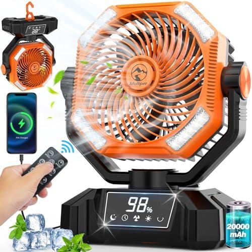 Camping Ventilador con Luz LED, 20000 mAh Recargable Vibración Automática Ventilador para Tienda de Campaña al Aire Libre con Remoto, Ventilador de Escritorio USB de 5 Velocidades para Pesca,Picnic