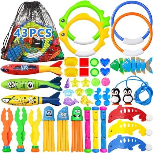 Frasheng 43 Piezas Juguetes de Buceo en Piscina,Juguetes para Nadar bajo el Agua Conjunto,Juguetes de Buceo Conjunto para Niños,Incluir Anillos de Buceo,Palos de Buceo,Entrenamiento Juego para Niños