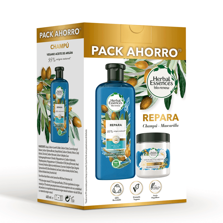Herbal Essences Reparador Con Aceite De Argán De Marruecos, En Colaboración Con El Real Jardín Botánico De Kew, Champú 400ml + Mascarilla Bio Renew Reparadora Aceite de Argán250ml, Vegano | Miravia