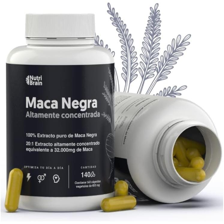 Maca Negra Andina Pura 32.000mg Ultraconcentrada | 20:1 | Potencia Energía | Mejora Rendimiento, Memoria y Ánimo | 140 Cápsulas Veganas de Alta Potencia | NUTRIBRAIN | Miravia