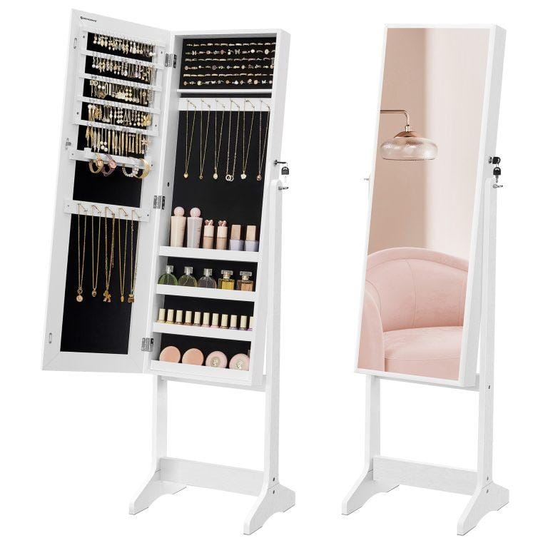SONGMICS Espejo Joyero, Armario para Joyas, Armario Joyero Bloqueable, Espejo de Longitud Completa, Idea para Regalo, Montaje Sencillo, Superficie Blanca y Forro Negro/Beige | Miravia