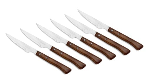 42% DESCUENTO Arcos Juego de 6 Cuchillos de Carne. Paquete de Cuchillos Chuleteros con Filo de Perla para Cortar y Filetear Carne. Hoja serrada Acero Inoxidable y mango madera haya. Serie Mesa