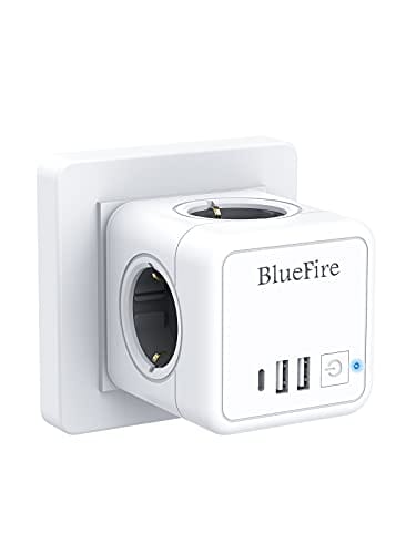 BlueFire Enchufe USB,7 en 1 Powercube Ladron Enchufes con 4 Tomas de CA,2 Puertos USB y Type C, Cubo Enchufe Multiple Pared con Interruptor,Cargador USB Compatible con iPhone, iPad,Tabletas