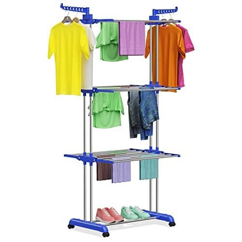 33% DESCUENTO Innotic Tendedero Plegables con Ruedas 4 Niveles Tendedero Vertical Plegables para Exteriores y Interiores, Estable Tendedero de Ropa para Balcon, Ahorre Espacio, Azul Gris