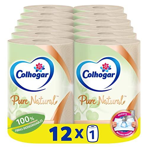Colhogar Pure Natural 12×1 Papel Cocina Biodegradable Resistente y Absorbente Rollo de Toalla de Papel Mini Jumbo para Cocina 12 Rollos Color Natural