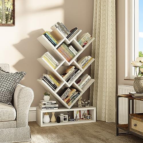 YITAHOME Estantería de árbol, estantería de pie con cajón de Madera, estantería Industrial, Estante de Almacenamiento para Sala de Estar, hogar, Oficina, estantes de Libros Blancos