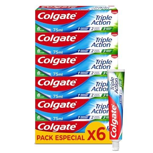 40% DESCUENTO Colgate Triple Acción Pasta de Dientes, Pack 6 Uds x 75ml, Dentífrico con Flúor, Pasta de Dientes Anticaries, Ayuda a Mantener los Dientes Blancos, Refresca el Aliento , para Toda la Familia