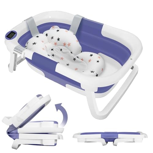 Bañera Bebe con Termómetro, Bañera Plegable Bebé con Almohadilla de Baño Antideslizante e Tapón de Ducha, Ergonómico, Ahorra Espacio, para Bebés de 0 a 36 Meses (B)