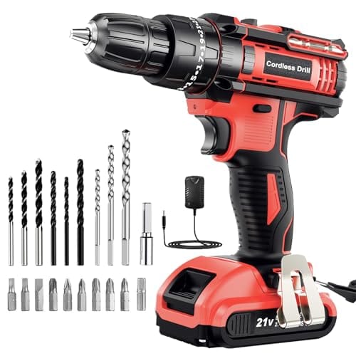 Taladro Percutor a Bateria 21V, Taladro Atornillador con Batería 2.0Ah, Atornillador Electrico con 42Nm, 25+3 Ajuste de Par, 23 Accesorios, 2 Velocidad, LED Luz Para Hogar, Bricolaje