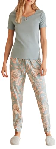70% DESCUENTO women’secret Pijama 100% algodón pantalón Flores Azul Juego, Misty Blue, S para Mujer