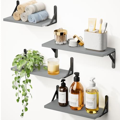 Pipishell Juego de 4 estantes flotantes de Madera para decoración de Pared, estantes de Pared rústicos para Dormitorio (Gris)
