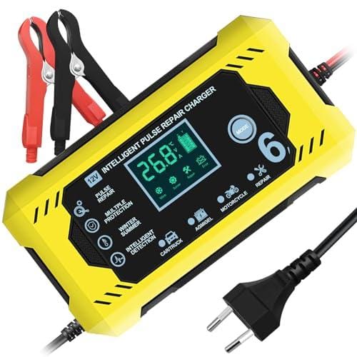 YOYOPOW Cargador de bateria 6A/12V,Cargador de bateria de Coche con Pantalla LCD Inteligente,Cargador de baterias Coche y Moto, para Cargar y Reparar baterías de Plomo ácido.