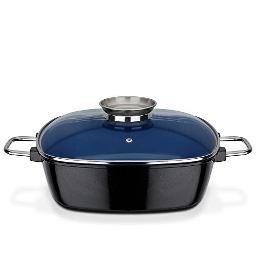 DESCUENTAZO 59% DESCUENTO GSW Cobalto Caceramica 167413 Ceramica Cacerola Cuadrada para inducción con Tapa de Cristal aromático, 28 x 28 x 8,5 cm, Aprox. 5,0 litros, Aluminio, Negro/Azul, 28 cm, 2