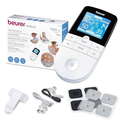 44% DESCUENTO Beurer EM 49 TENS/EMS digital, dispositivo de corriente de estimulación 3 en 1 para el alivio del dolor y entrenamiento, función de masaje, incluye 4 electrodos, Color Blanco