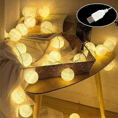 ELINKUME LED Cotton Ball encadenamiento con usb, 4M 20s LED Cotton Ball encadenamiento blanco cálido burbujas balcón ventana fiesta Nochebuena de bodas de decoración de interiores luz