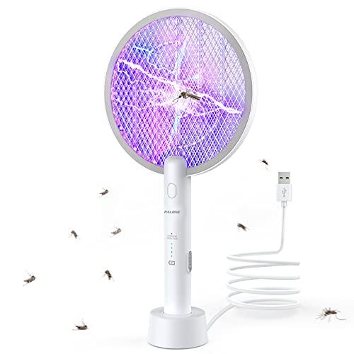 PALONE Raqueta Matamoscas Eléctrica, Asesino de Mosquitos con Base, Dos Modos, Protección de Malla de Tres Capas, para Uso en Interiores y al Aire Libre