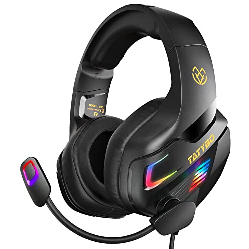 54% DESCUENTO Cascos Gaming con Micrófono, Cascos con Nivel de Sonido Envolvente Rico, Orejeras Grandes y 4 Modo Luz RGB, Auriculares Gaming para PS4 PS5 PC Xbox One Switch