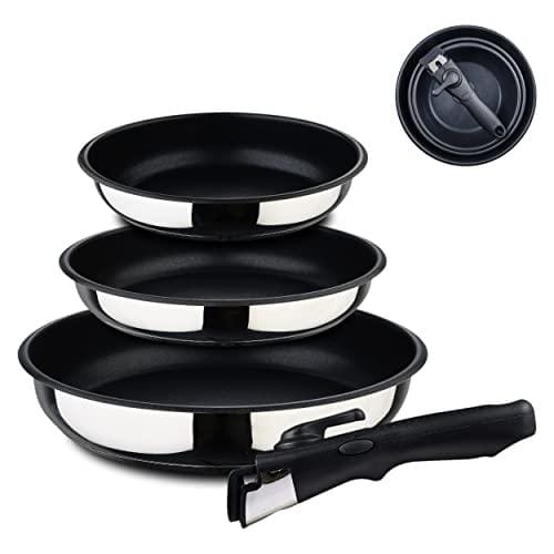 65% DESCUENTO BERGNER Click&Cook | Juego de Sartenes de 4 Piezas | Acero Inoxidable y Antiadherente | Incluye 3 Sartenes de 18, 20 y 24 cm con 1 Mango Ergonómico Extraíble | Apto Horno