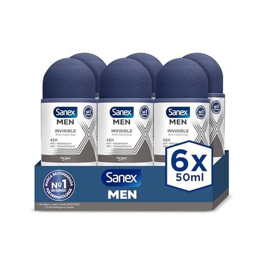 DESCUENTAZO 43% DESCUENTO Sanex Men Dermo Invisible Desodorante Roll On para Hombre, Protección 24H, Antitranspirante, Anti Irritación, 0% Alcohol, Combate el Mal Olor, Anti Manchas Blancas, Pack 6 Uds x 50ml