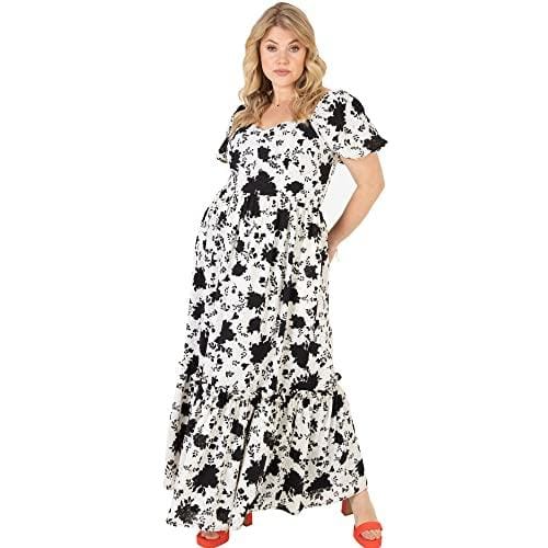 Lovedrobe Ladies Maxi Dress for Plus Size Women Curve Puffed Short Sleeve Back Tie Belt For Summer Party Office Flower Pattern, Vestido Mujer, Mono,