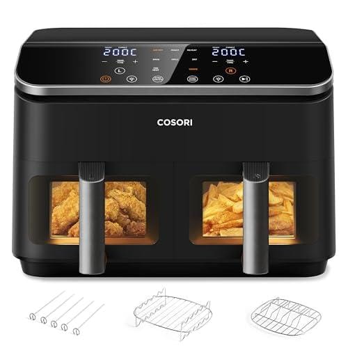 38% DESCUENTO COSORI Freidora de Aire con Doble Cesta 8,5L, Air Fryer con Ventana e Iluminación Interior, Freidora sin Aceite con Función SYNC, 10 en 1, 35 230℃, Incluye 4 Accesorios Gratuitos, CAF R901