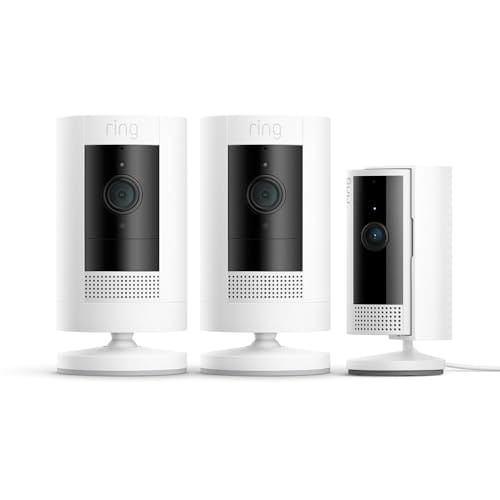 Ring Cámara exterior con batería Pack de 2 (Stick Up Cam) + Cámara interior (Indoor Camera, 2.ª gen.) de Amazon | Cámara de vigilancia wifi con comunicación bidireccional | Ring Protect 30 días gratis